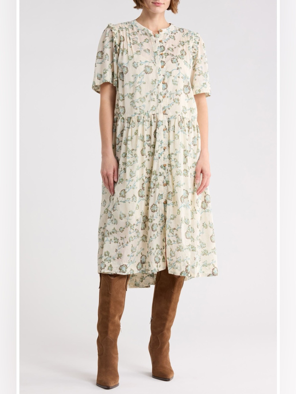 Free People Bella Mae Floral Button Front Midi Dress Cream Green Size Large NWOT
